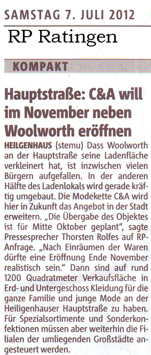 1207047 Hauptstraße: C&A will im November neben Woolworth eröffnen