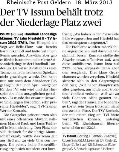 130318 Der TV Issum behält trotz der Niederlage Platz zwei