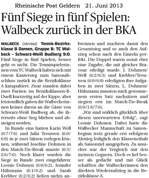 130621 Fünf Siege in fünf Spielen: Walbeck zurück in der BKA