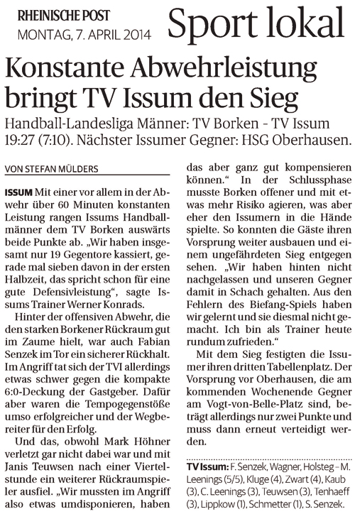 140407 Konstante Abwehrleistung bringt TV Issum den Sieg