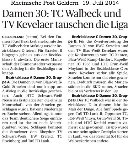 140719 TC Walbeck und TV Kevelaer tauschen die Liga