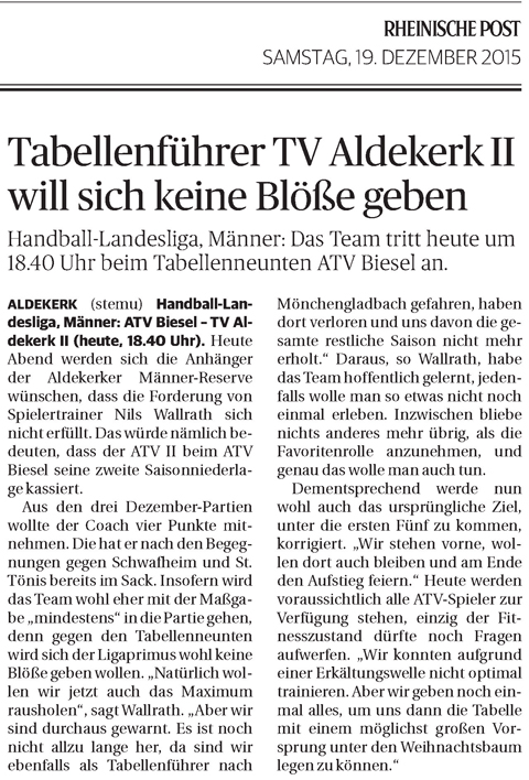 151219 Tabellenführer TV Aldekerk II will sich keine Blöße geben