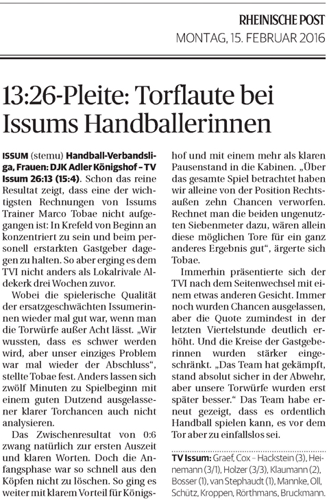 16021 13:26-Pleite: Torflaute bei Issums Handballerinnen