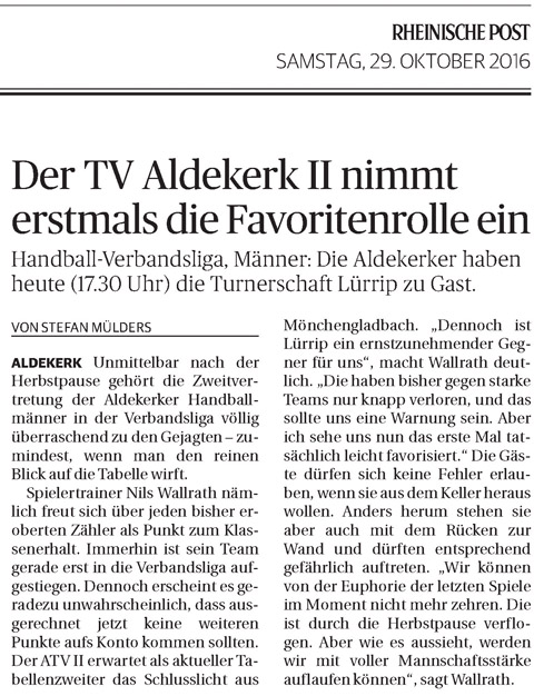 161029 Der TV Aldekerk II nimmt erstmals die Favoritenrolle ein