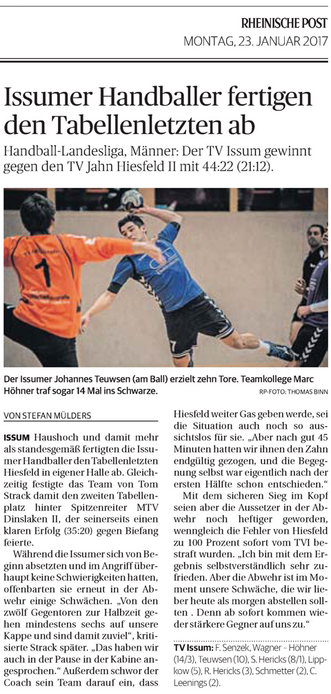 170123 Issumer Handballer fertigen den Tabellenletzten ab