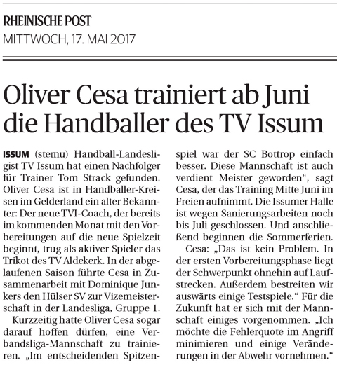 170517 Oliver Cesa trainiert ab Juni die Handballer des TV Issum