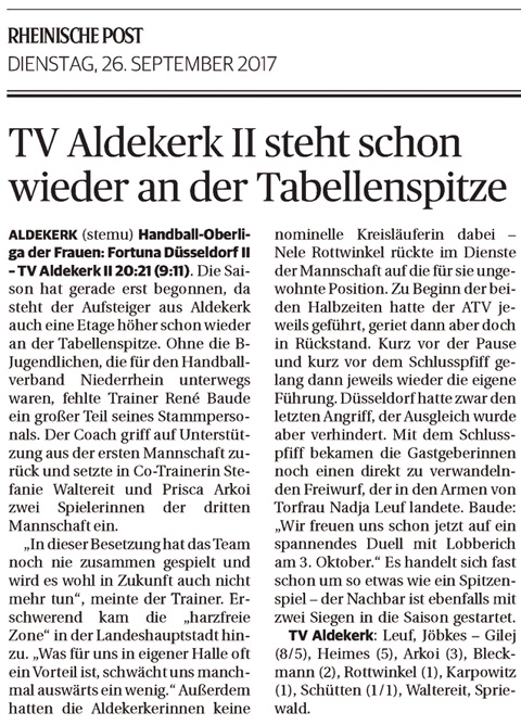170926 TV Aldekerk II steht schon wieder an der Tabellenspitze