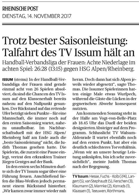 171114 Trotz bester Saisonleistung: Talfahrt des TV Issum hält an