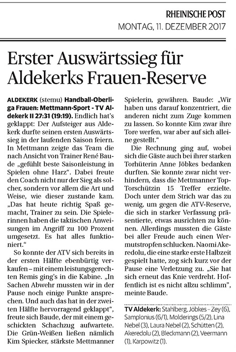 171211 Erster Auswärtssieg für Aldekerks Frauen-Reserve