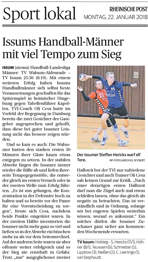 180122 Issums Handball-Männer mit viel Tempo zum Sieg