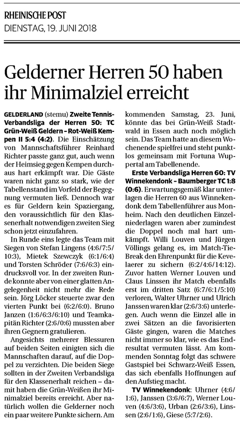 180619 Gelderner Herren 50 haben ihr Minimalziel erreicht / Herren 60 Winnekendonk unterliegen gegen Tabellenführer