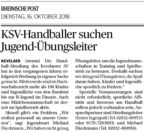 181016 KSV-Hand­bal­ler su­chen Ju­gend-Übungs­lei­ter