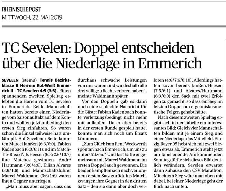 190522 TC Sevelen: Doppel entscheiden über die Niederlage in Emmerich