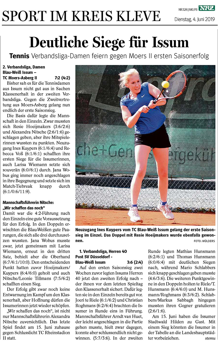 190604 NRZ Deutliche Siege für Issums Tennisteams