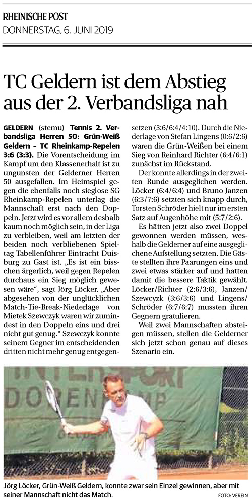 190606 TC Geldern ist dem Abstieg aus der 2. Verbandsliga nah